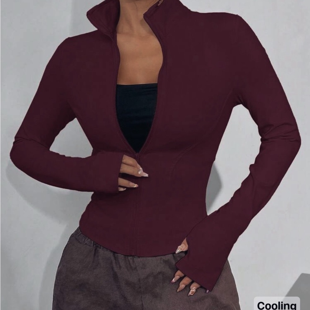 SHEIN Burgundy Zip-Front Long Sleeve Top